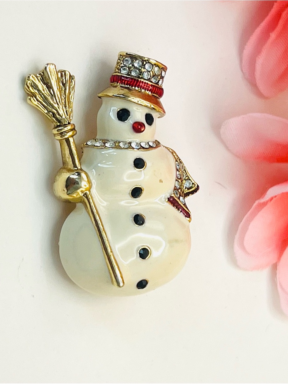 Vintage Festive enamel Snowman Brooch with Gold Accents